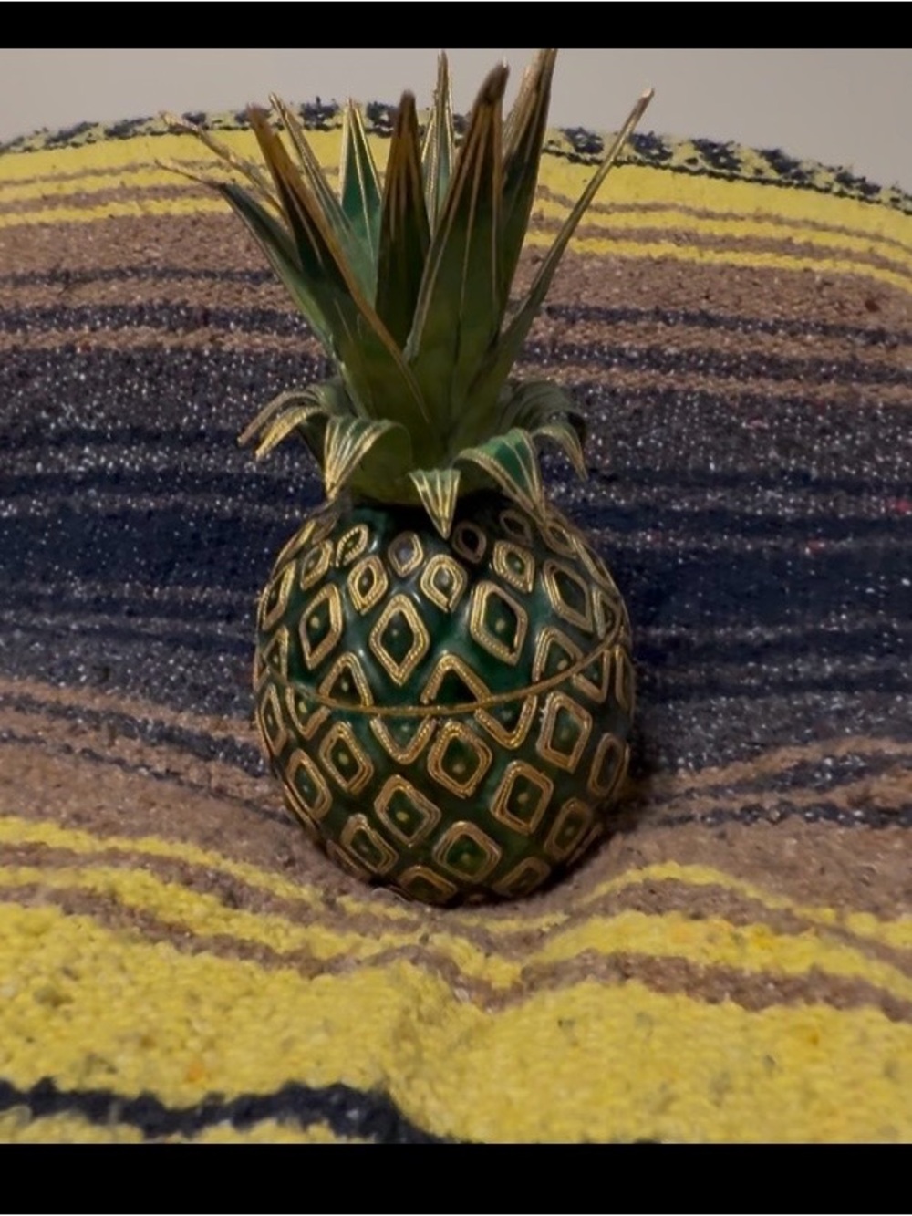 Green/gold enameled pineapple lidded trinket holder used.